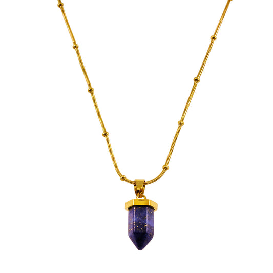 VIOLA: Lapis Lazuli Stone Pendant Anchored on a Beaded Snake Skin Textured Chain Necklace