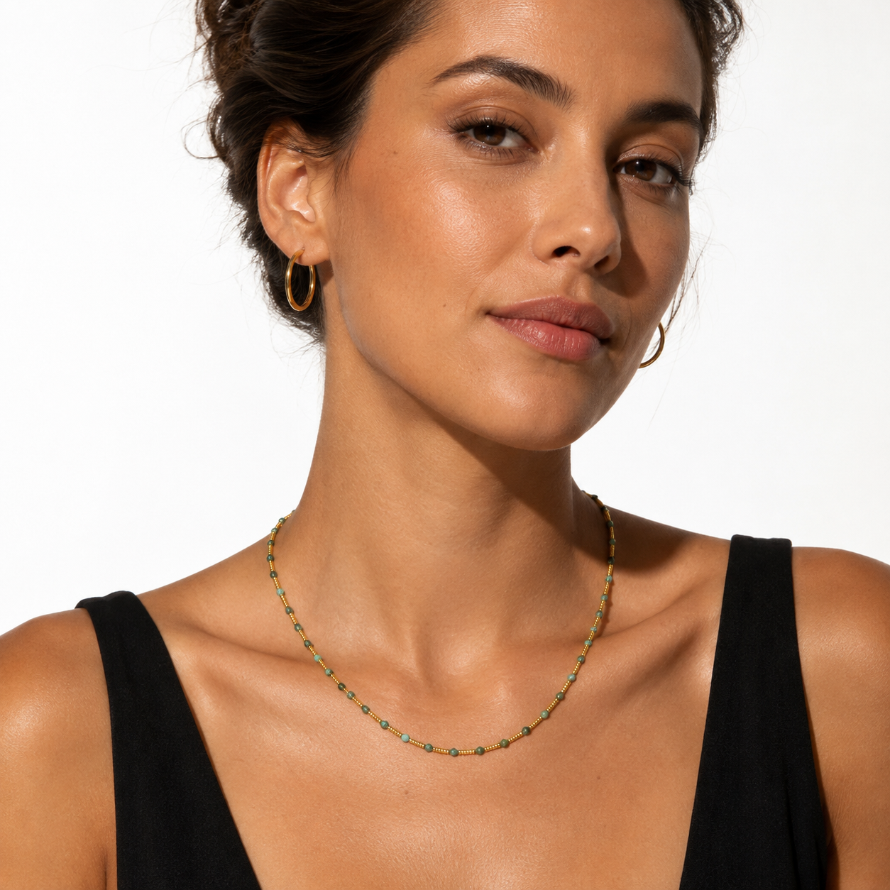 ZANIA Gold: Natural Stone and Gold Metal Beaded Necklace
