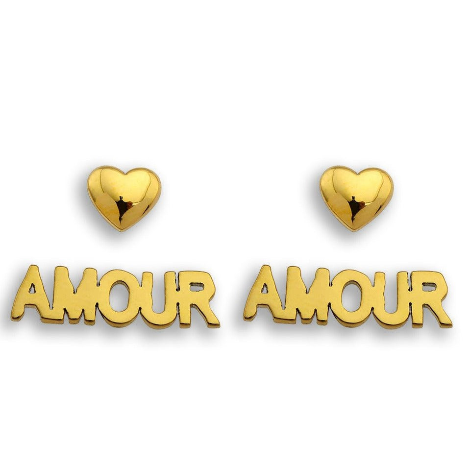 AMOUR & HEART Symbol – Romantic Statement 2-Pair Stud Earrings in Gold. Style AMOUR