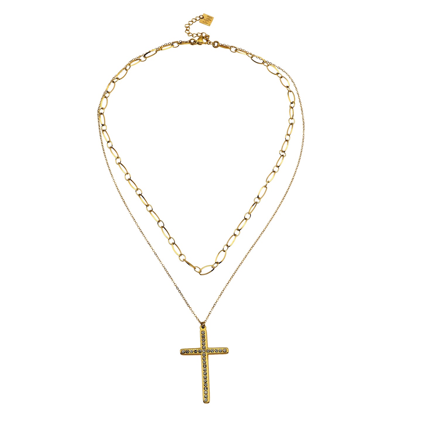 CAMILA: Double Layered Chain Necklace with a Zirconia Embedded Classic Cross Pandent