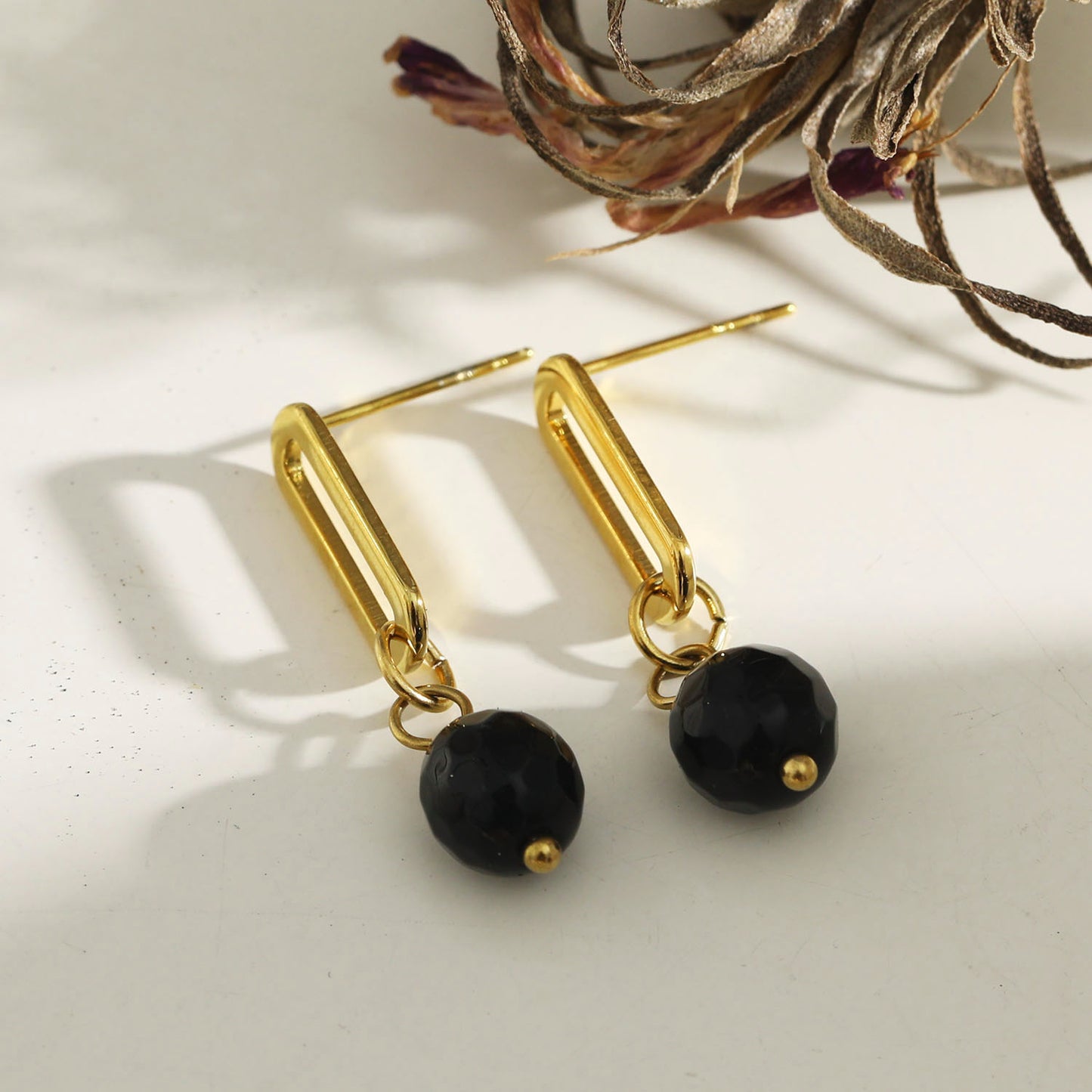 DAKATA Black Onyx Drop Hoop Earrings