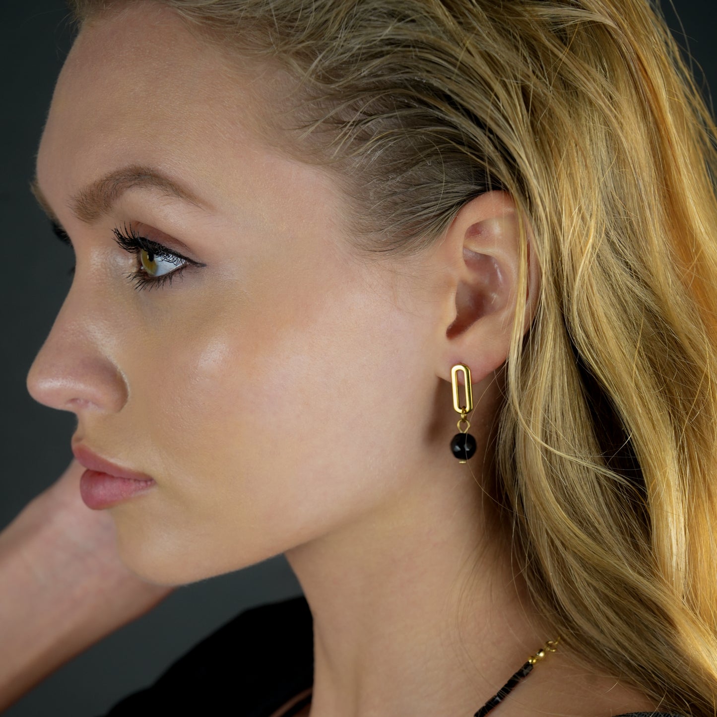 DAKATA Black Onyx Drop Hoop Earrings