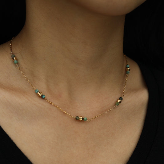 IMANI: Mix Bead Dainty Gold Chain Necklace featuring Natural Stones