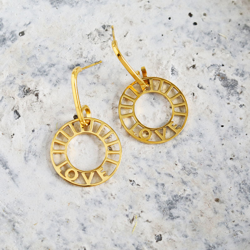 LOVE CIRCLE 21040 EARRINGS.  Feeling LOVE...LOVE...LOVE.   Crafted from Hand Forged Graded Metal Dipped in Pure 18 Karat Gold. Free of Nickel, Lead and Cadmium. Non-Allergic and will not turn Skin Green.