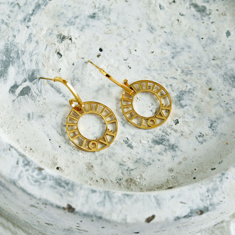 LOVE CIRCLE 21040 EARRINGS.  Feeling LOVE...LOVE...LOVE.   Crafted from Hand Forged Graded Metal Dipped in Pure 18 Karat Gold. Free of Nickel, Lead and Cadmium. Non-Allergic and will not turn Skin Green.
