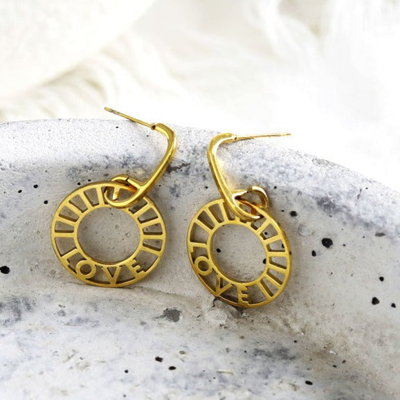 LOVE CIRCLE 21040 EARRINGS.  Feeling LOVE...LOVE...LOVE.   Crafted from Hand Forged Graded Metal Dipped in Pure 18 Karat Gold. Free of Nickel, Lead and Cadmium. Non-Allergic and will not turn Skin Green.
