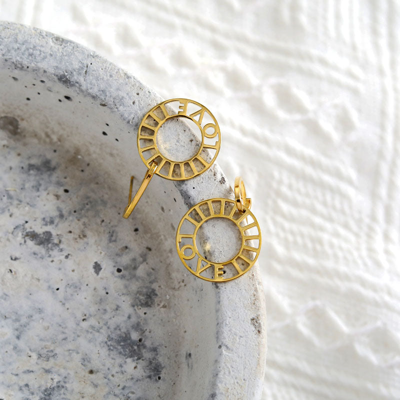 LOVE CIRCLE 21040 EARRINGS.  Feeling LOVE...LOVE...LOVE.   Crafted from Hand Forged Graded Metal Dipped in Pure 18 Karat Gold. Free of Nickel, Lead and Cadmium. Non-Allergic and will not turn Skin Green.