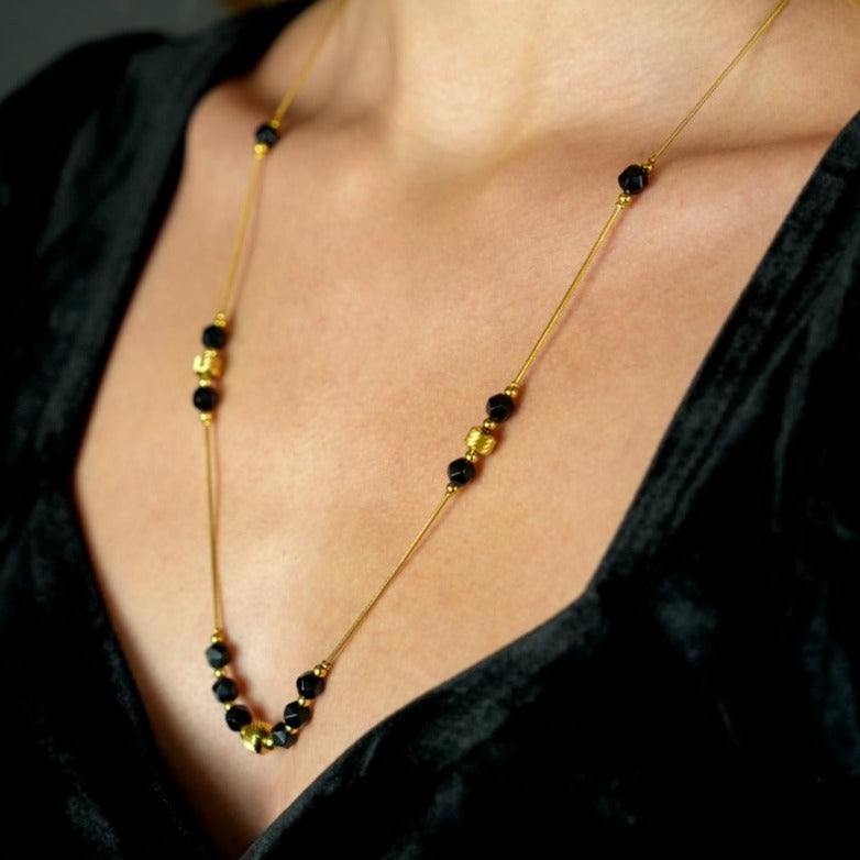 Style: MARA 202207 Black Obsidian & Gold Beaded Chain Necklace