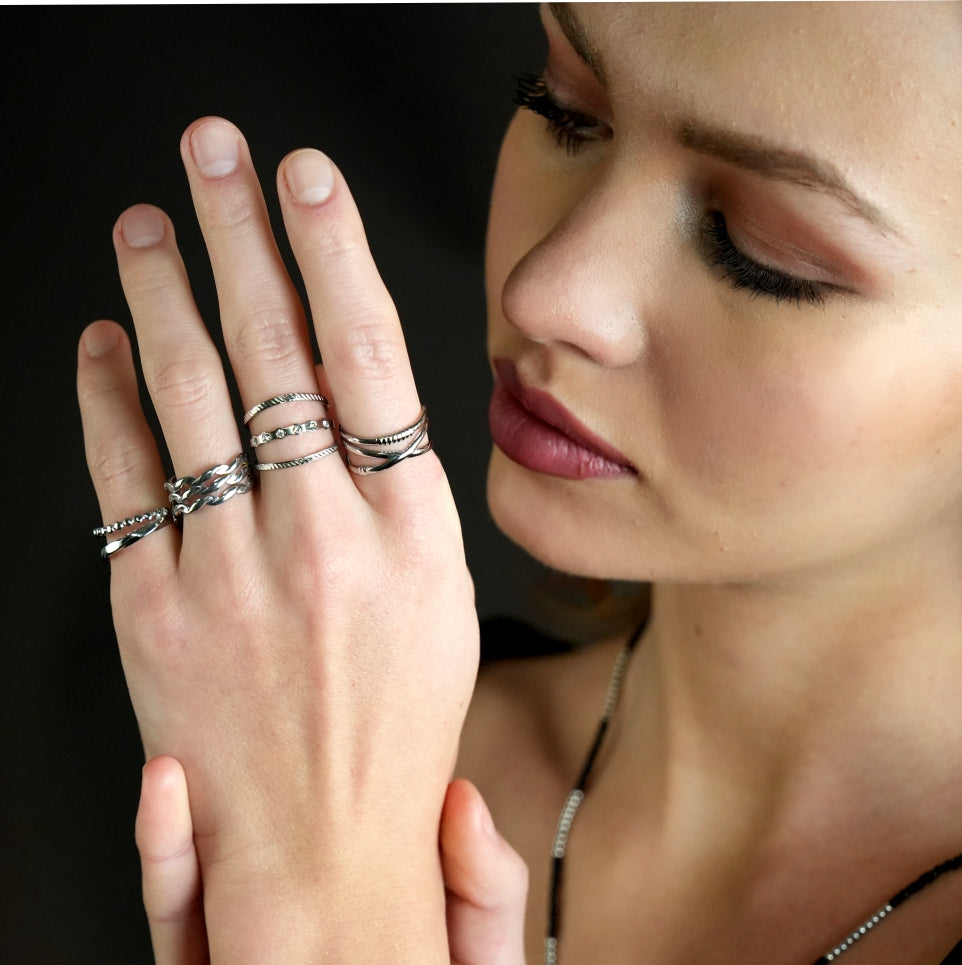 MIRANDA Cross Over Triple Band Stacked Silver Ring