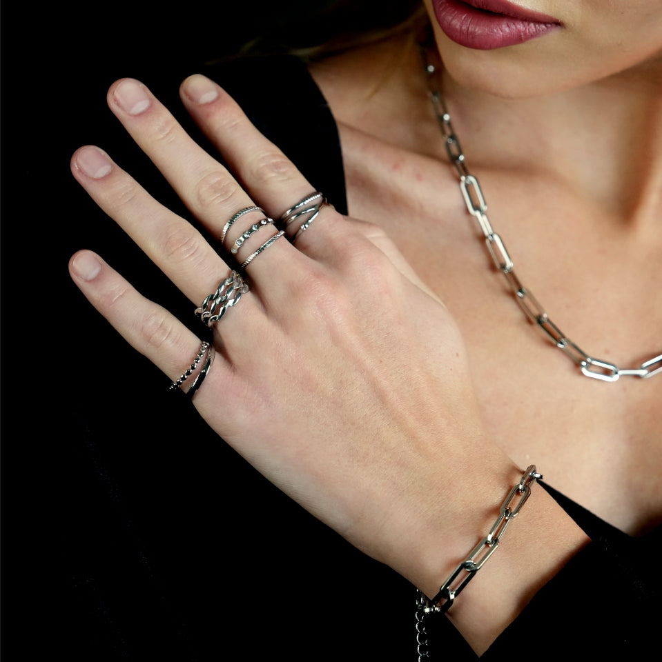 MIRANDA Cross Over Triple Band Stacked Silver Ring