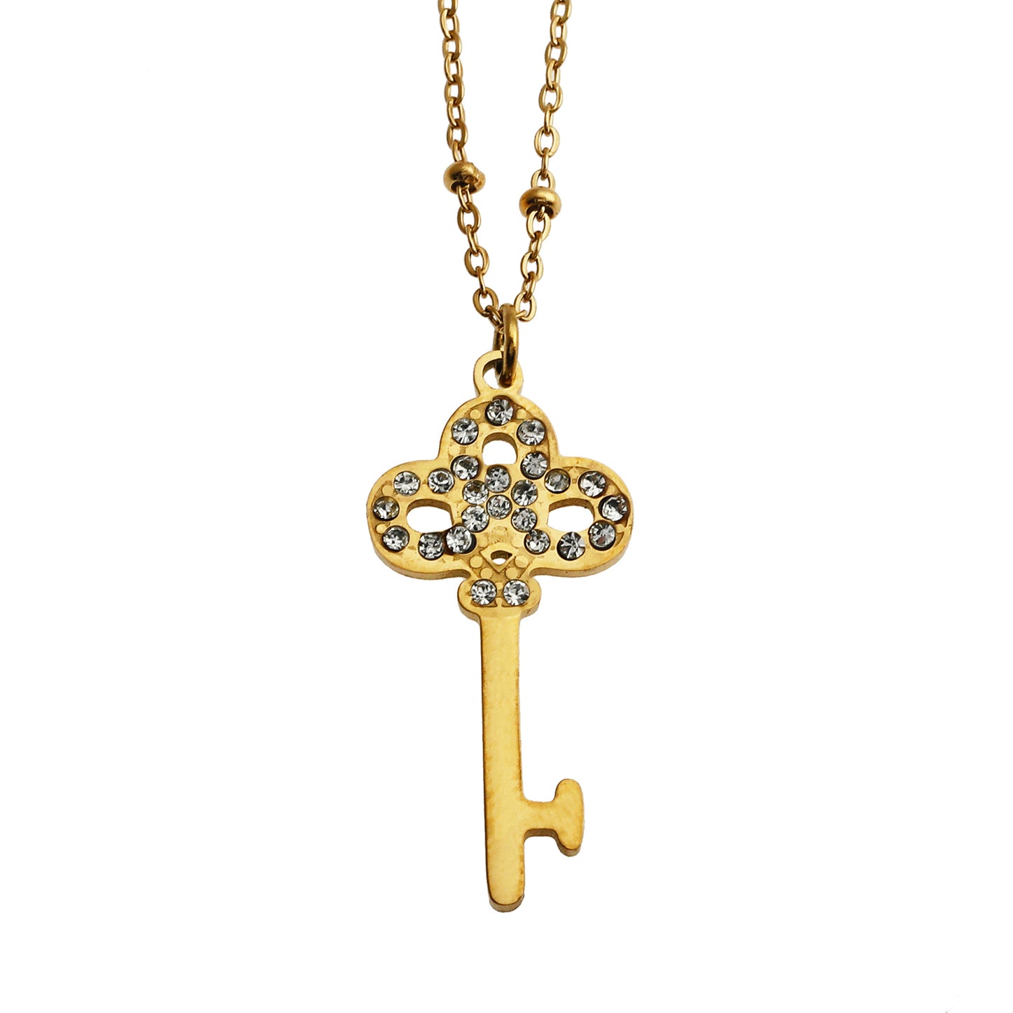 UNLOK Beaded Gold Chain with Zirconia Embellished Key Pendant