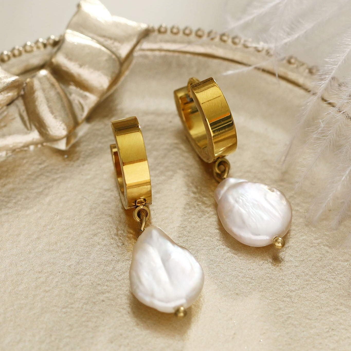 GAIA Gold:  Baroque Freshwater Pearls on Wide Mini Hoops