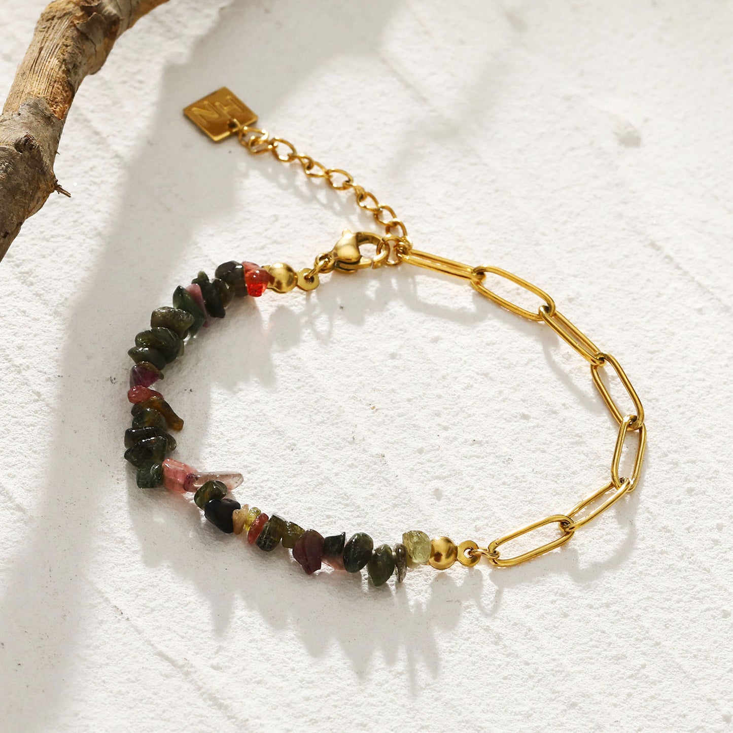 GIRADOT Paper-Clip Linked Chain & TOURMALINE Gemstones Combination Bracelet