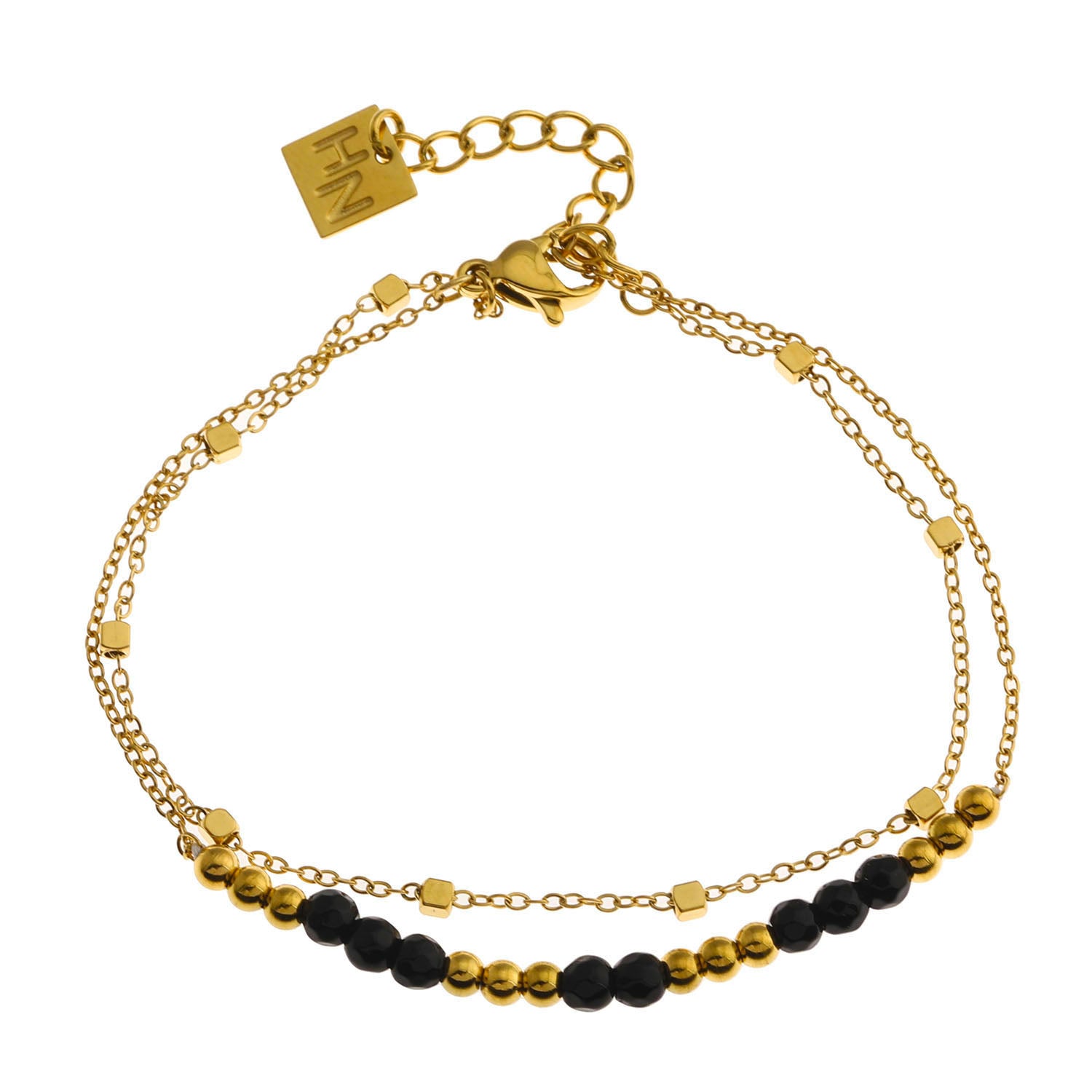 HILDA Two-in-One Square Beads & Round Beads in Black & Gold Bracelet.
