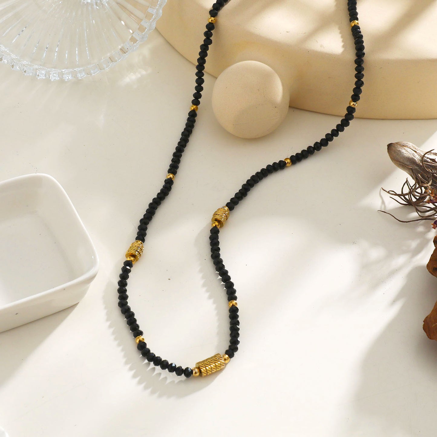 TATIANA Black Crystal & Gold Beaded Necklace