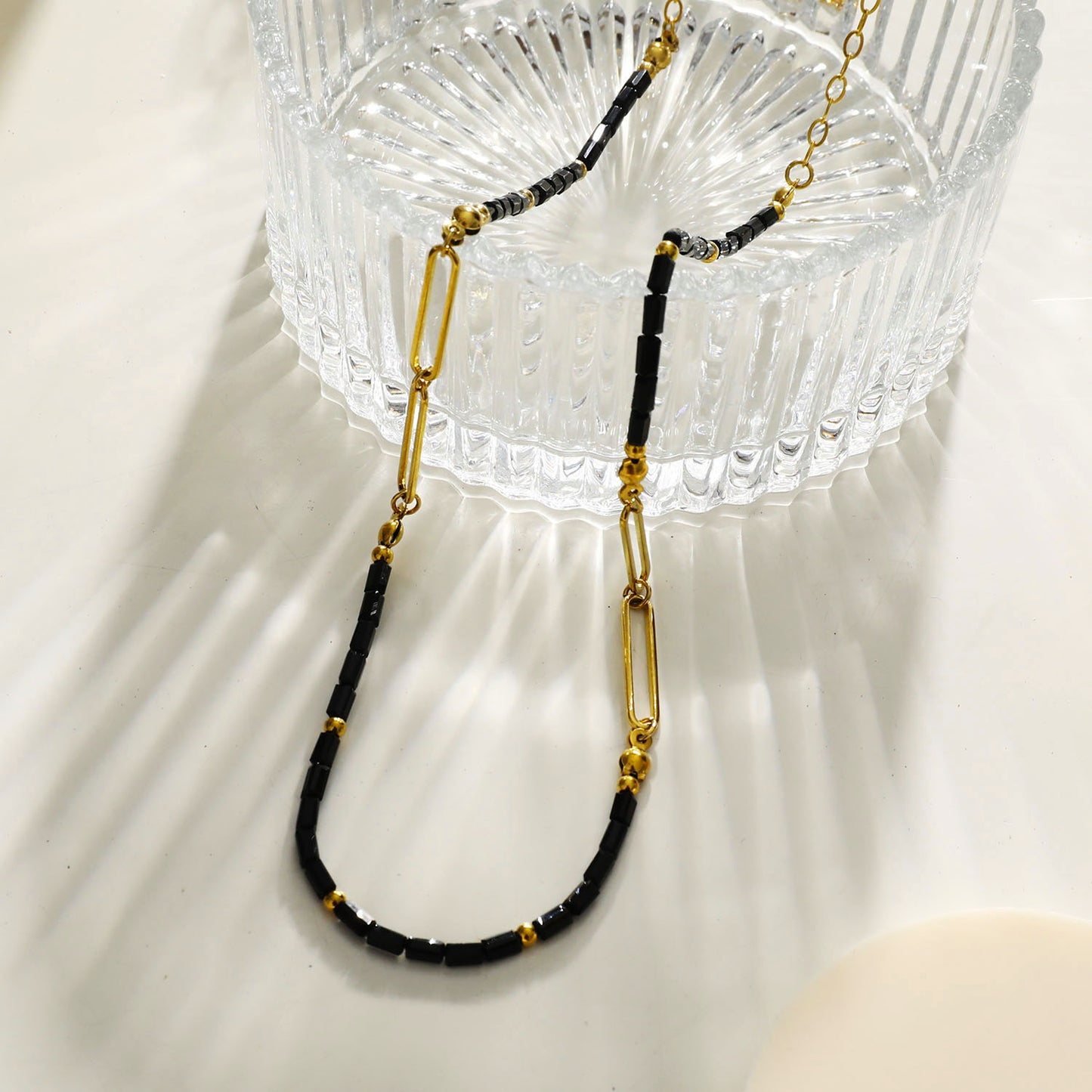 Style: LORENA 202208G Black & Gold Beaded Paperclip Chain Necklace
