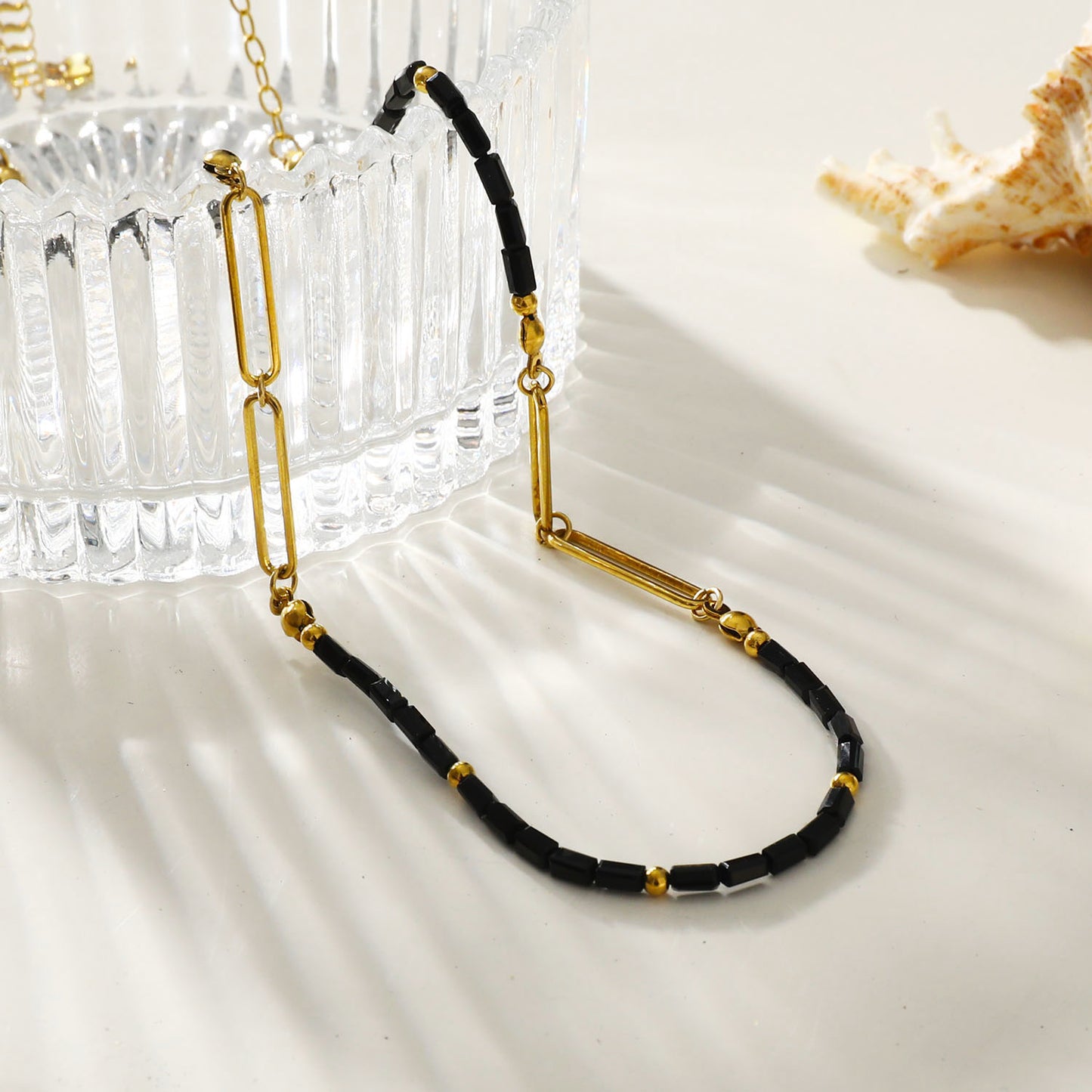 Style: LORENA 202208G Black & Gold Beaded Paperclip Chain Necklace