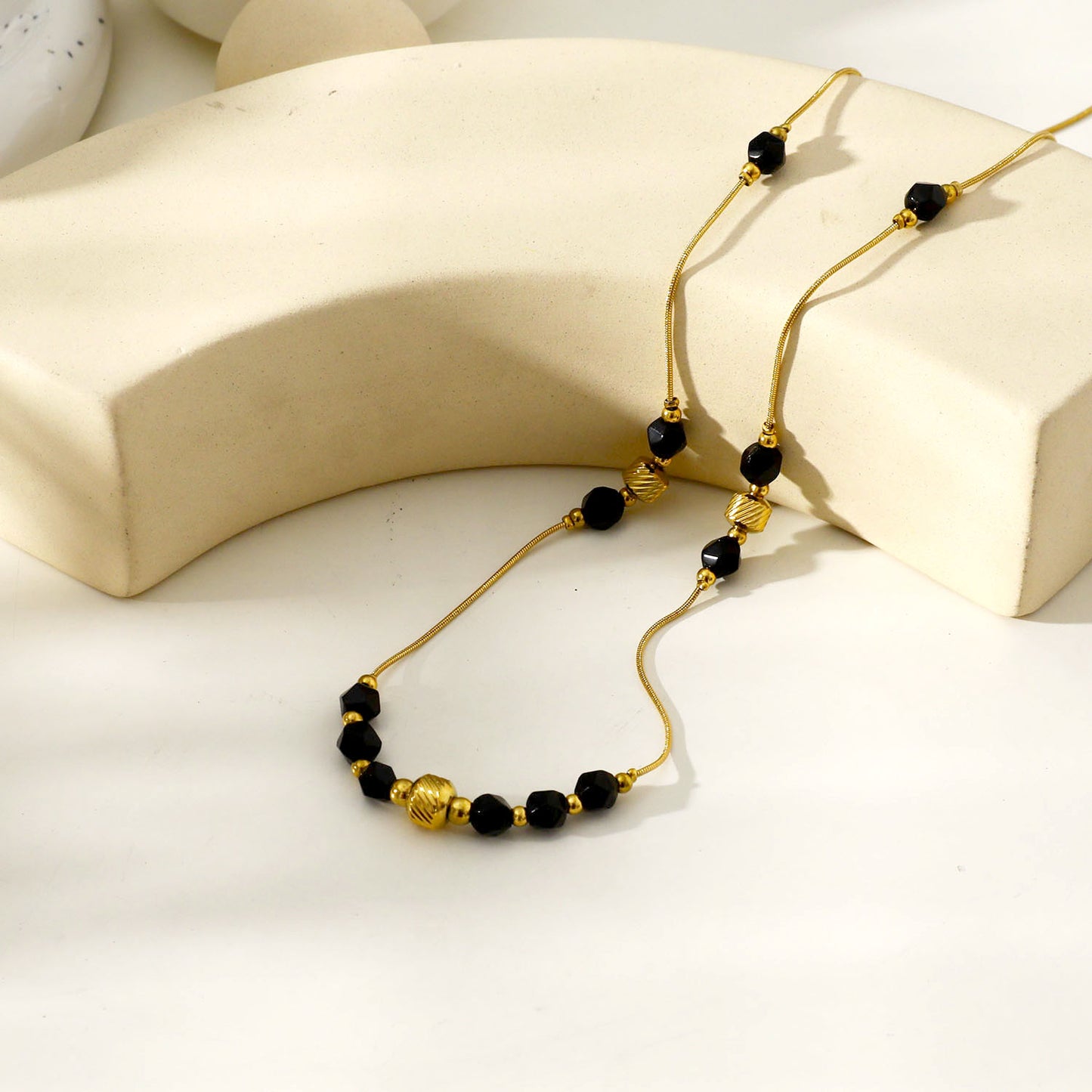 Style: MARA 202207 Black Obsidian & Gold Beaded Chain Necklace