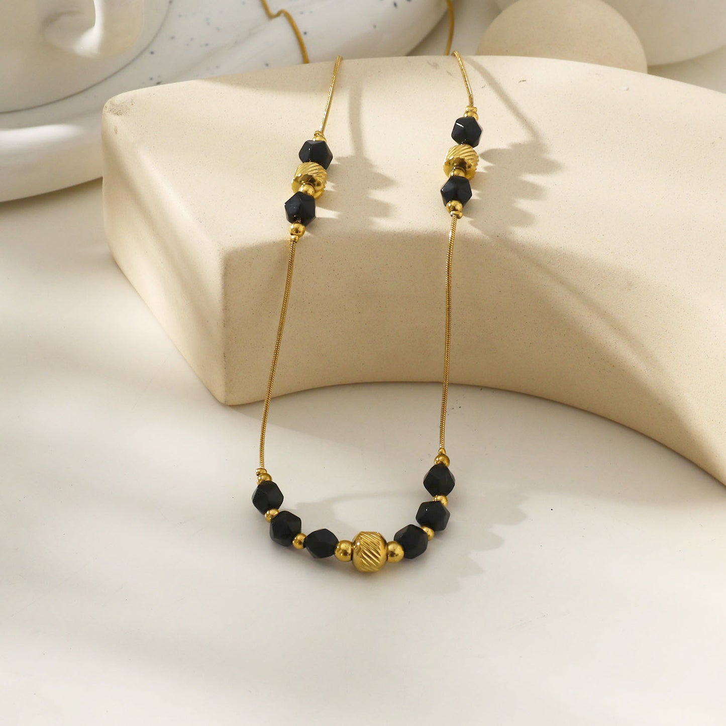 Style: MARA 202207 Black Obsidian & Gold Beaded Chain Necklace