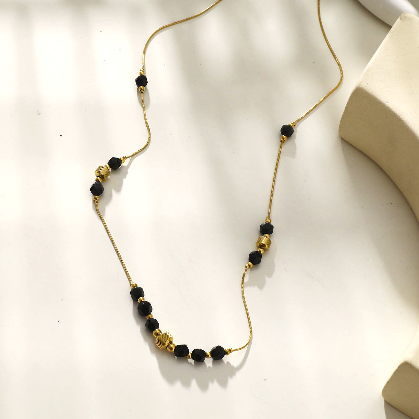 Style: MARA 202207 Black Obsidian & Gold Beaded Chain Necklace