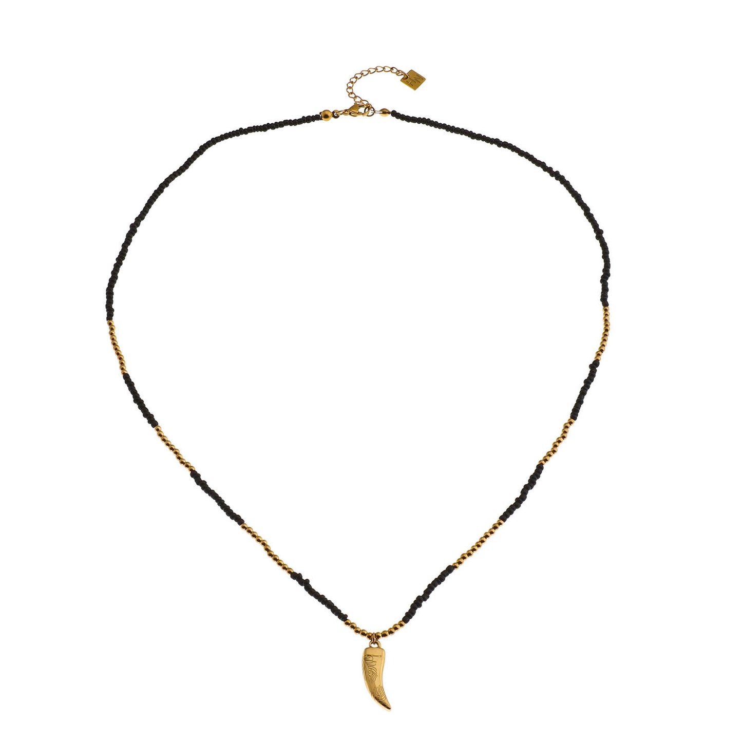 RITA Black & Gold Beaded Chain Necklace with Etched Gold Tooth Pendant