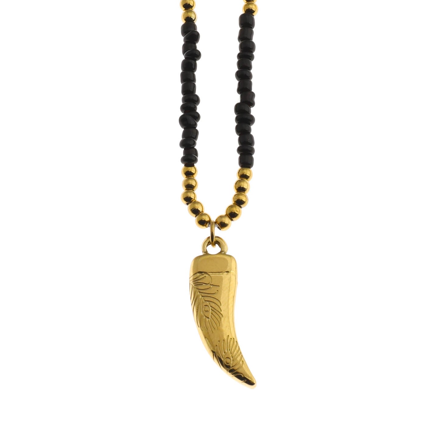 RITA Black & Gold Beaded Chain Necklace with Etched Gold Tooth Pendant
