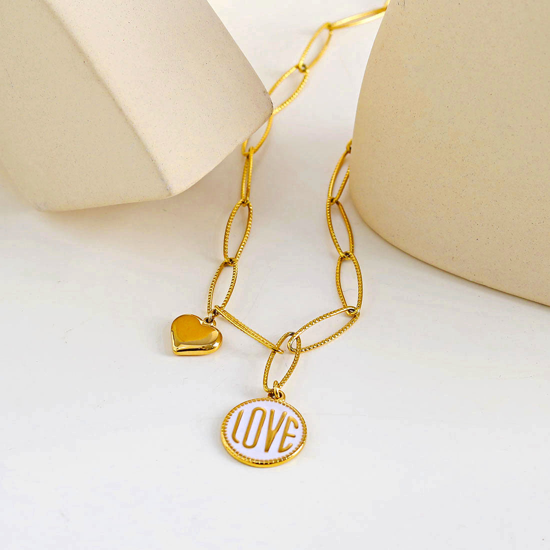 EMMA Retro LOVE Scripted Pendant on a Contemporary Chain Linked Necklace