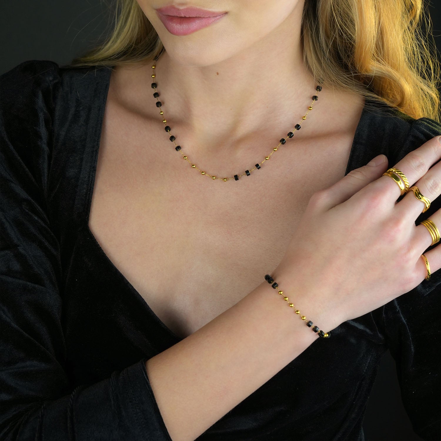 Style: ROSARIO 22108 Black Onyx and Gold Beaded Chain Bracelet.